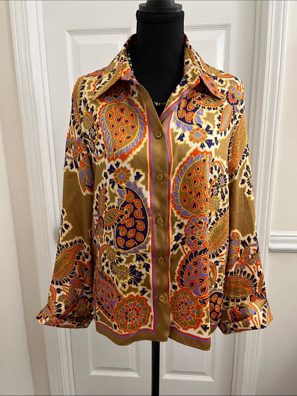 Zara Mustard Paisley-Print Button Front Blouse with Orange & Purple Accents